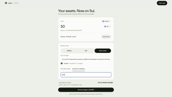 A screenshot of a Sui Network bridge interface titled 'Your assets. Now on Sui.' showing a balance of 50 USDC and HELMET tokens, with a wallet address starting in 0xC...