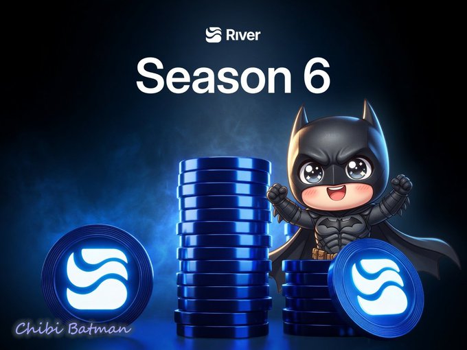 A promotional graphic for 'River Season 6' featuring a chibi Batman character standing next to stacks of blue coins with the River (S) logo.