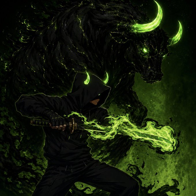 A hooded warrior wields a glowing green katana with horned shoulder accents, standing before a massive shadowy beast with matching green horns and eyes. The image embodies the post's bullish "BULL CALL" sentiment for $ANSEM, symbolizing strength, resurgence, and triumphant comeback against doubters.