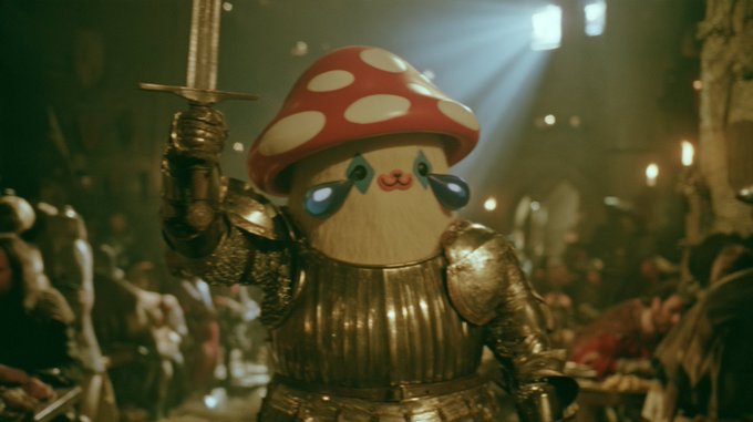 A cartoon mushroom character wearing ornate medieval knight's armor triumphantly raises a sword in a grand, candlelit hall filled with onlookers. The whimsical image humorously matches the post's playful crypto "degen" theme, portraying the trader's confident, battle-ready stance as they prepare to "slay" a potential 10x gain.