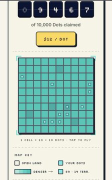 The image displays a Dotland game board showing a teal-colored grid with some territories occupied, alongside the price of "$12 / DOT" and the text "of 10,000 Dots claimed." The board reflects the poster's progress at "89 DOTS · 14 TERR." with one square marked "YOUR DOTS" and others labeled "DENIED," corresponding to the post's claim of securing 89 Dots and 14 Territories out of the diminishing supply.