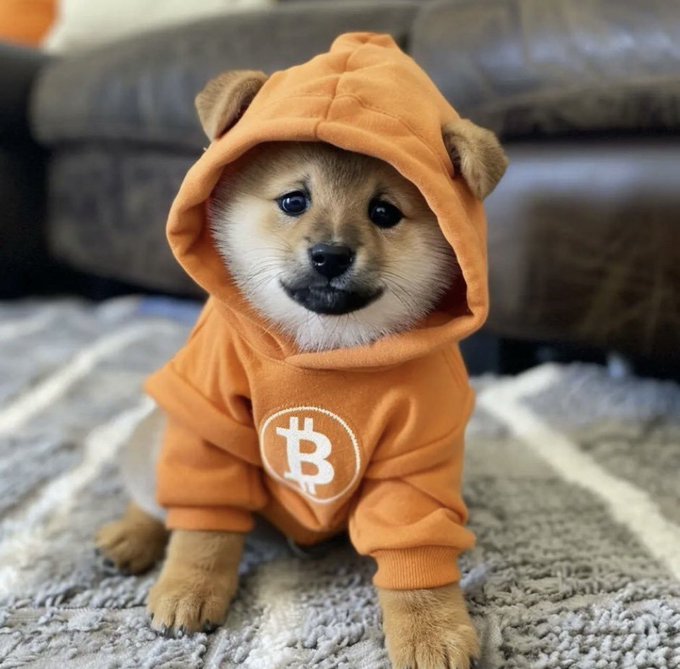 An adorable Shiba Inu puppy wearing an orange hoodie featuring the Bitcoin logo and bear-like ears on the hood.