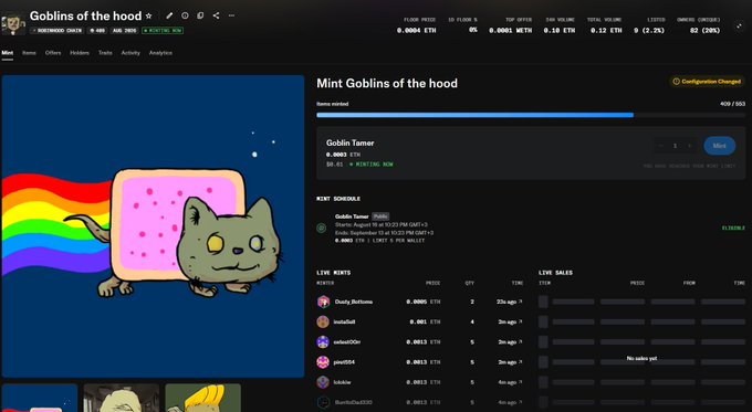 A screenshot of an NFT minting page on OpenSea for "Goblins of the hood," showing 202 of 202 items minted with a Goblin Tamer priced at 0.0001 ETH. The page displays a green goblin character riding a pink toast-like creature with a rainbow trail, alongside live mints and live sales sections.