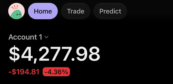 A trading app screenshot shows “Account 1” with a balance of **$4,277.98**, down **-$194.81 (-4.36%)**, alongside navigation buttons for **Home**, **Trade**, and **Predict**. It appears to illustrate a losing Solana ($SOL) trading account in connection with the post’s **$100 giveaway (5 winners)** asking users to retweet, like, follow, and submit their **$SOL addresses**.