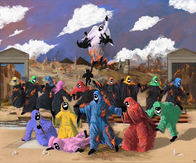A surreal painting featuring figures in colorful hooded robes with smiley faces set against a landscape of burning buildings, classical archways, pyramids, and a central ghostly white figure.