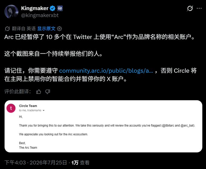 A screenshot of a tweet from Kingmaker (@kingmakerxbt) discussing Arc suspending 10+ Twitter accounts using 'Arc' as a brand name, including a reply from Circle Team stating they take trademark violations seriously and will review flagged accounts (@8btarc and @arc_hat).