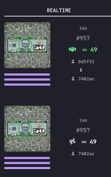A digital display shows two NFT items #957 featuring Barack Obama on $50 bills, with details including 'REALTIME', '16m', an infinity icon with '49', and user IDs '9d5f31' and '7402ac'.