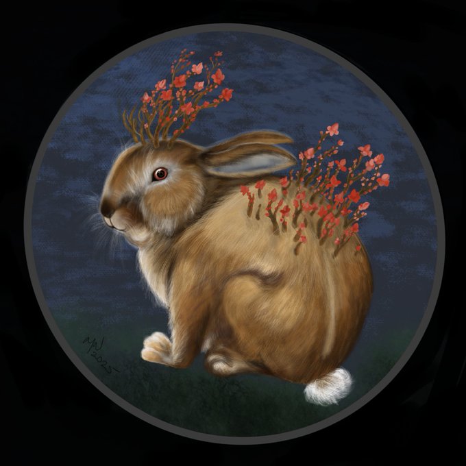 A whimsical digital illustration shows a brown rabbit with delicate red flowers and branches growing from its head and back, set against a dark blue circular background with the artist's signature 'M.W. 2023' visible.