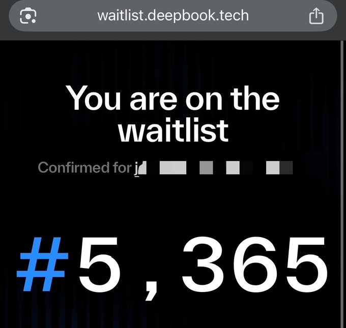 A screenshot of a mobile website showing 'You are on the waitlist' at waitlist.deepbook.tech with the position '#5,365'.