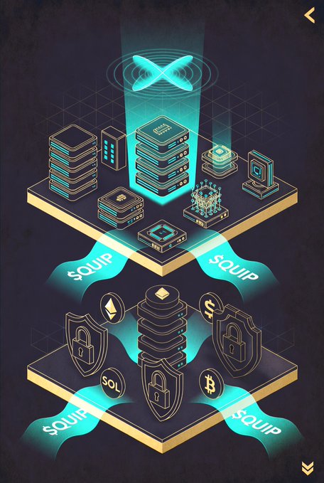 A stylized digital illustration featuring cryptocurrency-themed isometric graphics showing '$QUIP' labels, security locks, and crypto symbols like ETH, SOL, and BTC.