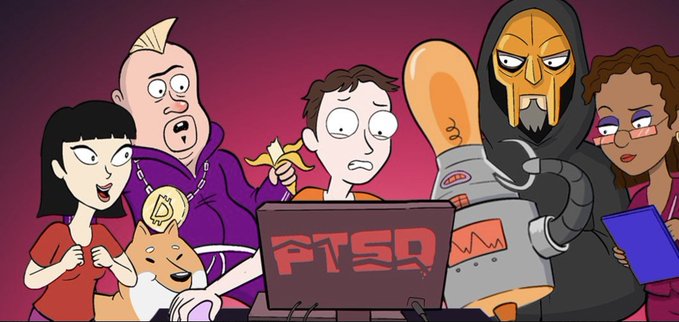 A cartoon illustration shows a diverse group of characters, including a punk, a man in a hoodie, a robot, and a masked figure, gathered around a laptop displaying the red text 'PTSD'.