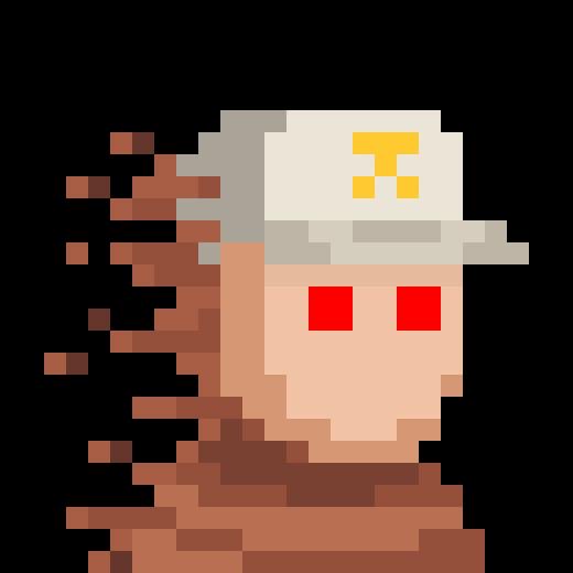 A pixel art Minecraft-style portrait shows a character wearing a white cap featuring the Bitcoin "₿" logo, with red blocky eyes and a disintegrating pixel effect on the left side. The imagery symbolically represents Bitcoin's volatility or "breaking down," pairing with the contemplative caption "Thoughts?"
