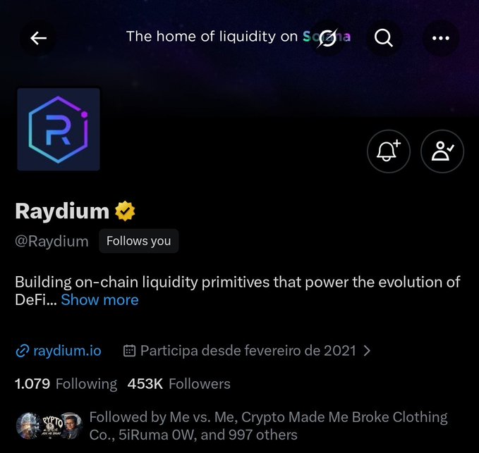 The image shows the Twitter/X profile page of Raydium (@Raydium), a DeFi liquidity platform on Solana, displaying 453K followers, a verified badge, and a link to raydium.io. The post about receiving an "OG badge" relates to this account, likely referencing recognition of being an early supporter of the Raydium protocol.