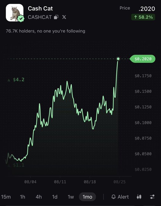 A chart of Cash Cat (CASHCAT) showing a sharp price surge to $0.2020, up 58.2% with 76.7K holders, matching the post's claim of a 60% rally.
