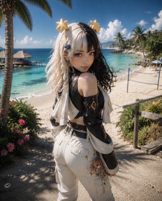 An anime-style woman with half-black, half-white hair and star hair accessories stands at a tropical beach location, wearing a white and black outfit with a teddy bear patch.