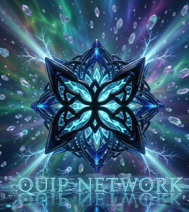 A vibrant fantasy-style digital artwork featuring a glowing blue and black geometric crystal emblem with the text 'QUIP NETWORK' at the bottom.