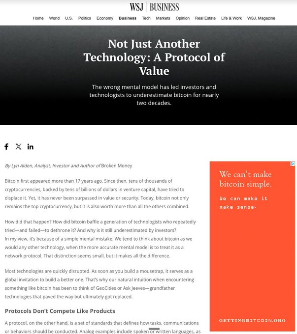 A Wall Street Journal Business article titled "Not Just Another Technology: A Protocol of Value" by Lyn Alden, published as part of a 12-week bitcoin education campaign by The Nakamoto Project, featuring an orange advertisement with the tagline "We can't make bitcoin simple. We can make it make sense." and the website gettingbitcoin.org.