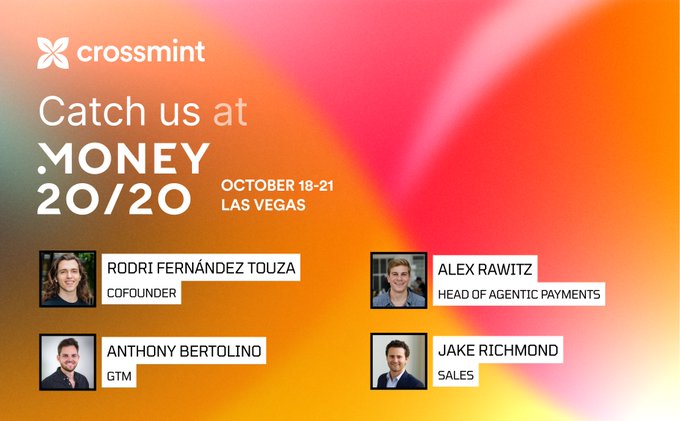 A promotional graphic for Crossmint attending the Money 20/20 conference in Las Vegas from October 18-21, featuring headshots of team members Rodrí Fernández Touza (Cofounder), Alex Rawitz (Head of Agentic Payments), Anthony Bertolino (GTM), and Jake Richmond (Sales).