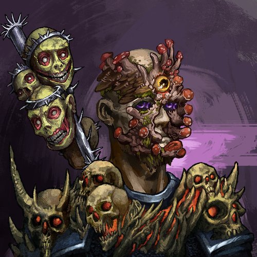 Dark fantasy artwork depicts a grotesque zombie figure adorned with skulls, spikes, and pustulent growths, wielding a skull-topped club.