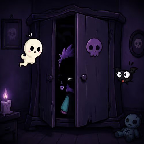 A spooky cartoon scene of a dark wooden wardrobe with ghost and skull stickers, featuring a floating ghost, a purple bat, and a cute black bat in a purple-lit room with a voodoo doll.