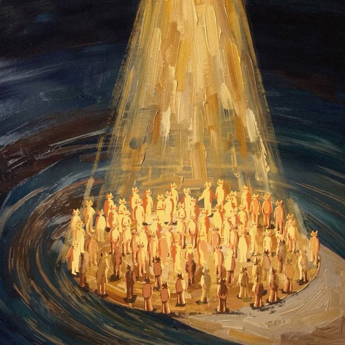 A golden beam of light shines down upon a crowd of crowned figures standing on a glowing circular platform, evoking a sense of divine gathering or royalty. The radiant, ethereal imagery visually reinforces the post's theme of accumulating 10,000 $CETS coins as the key to achieving something extraordinary or exalted.