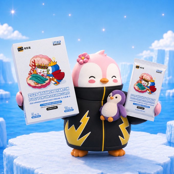 A cute pink penguin mascot holding a small purple penguin stands on an ice block against a blue sky, showcasing "2026 KAKAWOW PHANTOM PUDGY PENGUINS TRADING CARDS" boxes that announce Pudgy Penguins' official entry into the Chinese market through a collaboration with Kakawow, China's leading collectible card brand.