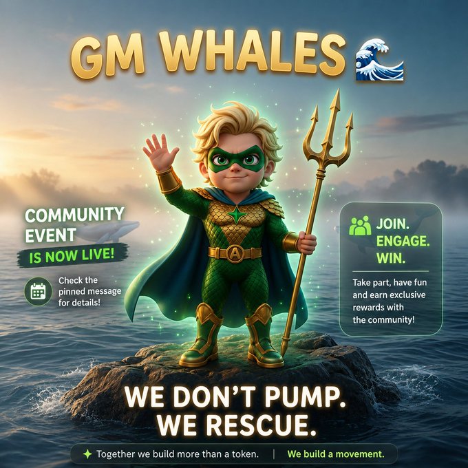 The image features a cartoon character dressed as a superhero, holding a giant gold trident with his arm raised high. The background of the image shows an ocean scene with waves crashing against rocks. The text in the image reads "GM WHALES Small crew. Big ocean. No fake hype. We DON'T PUMP. WE RESCUE." This message encourages people to join a community event and engage with others, rather than promoting pump-and-dumps or other spammy schemes.