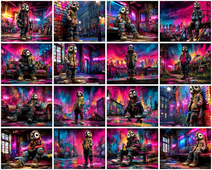 A 4x4 grid of sixteen similar images showing a hooded character with large round eyes in various urban poses, all rendered in a vibrant pink, purple, and blue graffiti style.