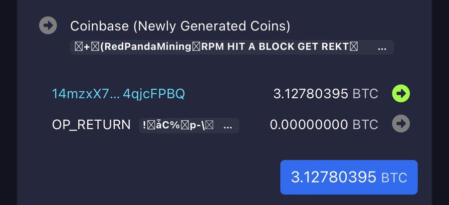 A Coinbase transaction showing 3.12780395 BTC newly generated coins is displayed, with the input labeled "RedPandaMining RPM HIT A BLOCK GET REKT" along with an OP_RETURN output, confirming that the RedPandaMining pool successfully mined a Bitcoin block.