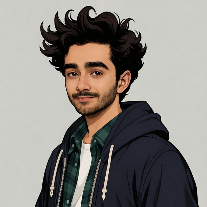 An illustrated portrait of a young man with dark, tousled curly hair, a beard, and a slight smile, wearing a green plaid shirt under a navy hoodie.