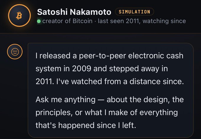 A profile card for "Satoshi Nakamoto" marked as a simulation, identifying him as the "creator of Bitcoin" who "last seen 2011, watching since", with a Bitcoin logo and a message about releasing a peer-to-peer electronic cash system in 2009.