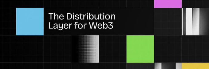 A promotional graphic with colored squares on a dark grid background, displaying the text 'The Distribution Layer for Web3'.