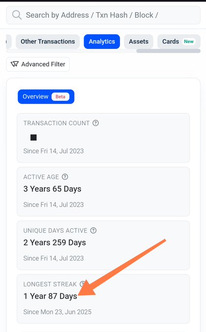 A Basescan "Analytics" overview shows a wallet with an Active Age of 3 Years 65 Days, Unique Days Active of 2 Years 259 Days, and Longest Streak of 1 Year 87 Days (highlighted with an orange arrow), illustrating the wallet activity stats referenced in the post about "$BASE OGs."
