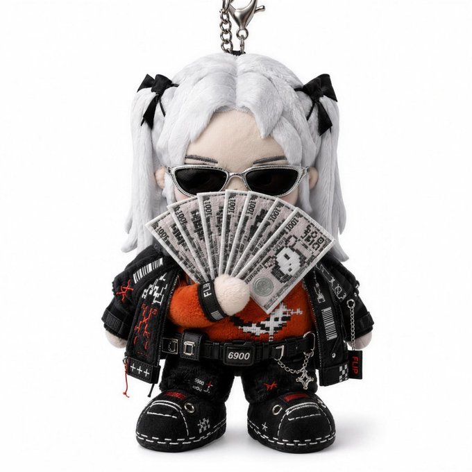 A plush keychain figure of a silver-haired anime-style character wearing sunglasses holds a fan of paper money printed with '1000' and wears a belt marked '6900'.