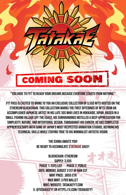 A promotional flyer for an NFT collection called 'TATAKAE' marked 'COMING SOON,' featuring 3,555 NFTs on Ethereum blockchain by a Japanese artist from Hokkaido, with Phase 1 FCFS listing on Monday August 31st at 9 AM EST and mint price 0.005 ETH.