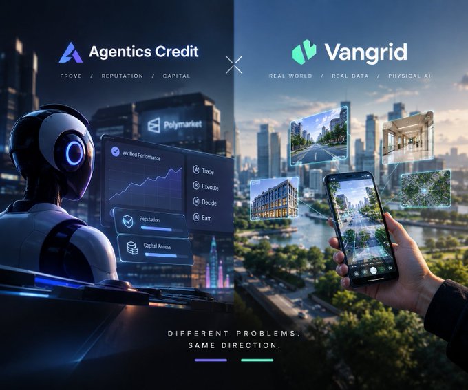 The same Agentics Credit and Vangrid promotional graphic, now with the tagline 'DIFFERENT PROBLEMS. SAME DIRECTION.' added at the bottom.