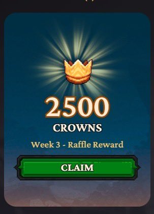 A game reward screen showing '2500 CROWNS - Week 3 - Raffle Reward' with a green 'CLAIM' button.