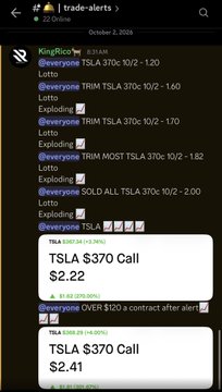 A screenshot of a Discord chat in the 'trade-alerts' channel dated October 2, 2024, showing various alerts for TSLA options trades including TRIM, SOLD, and OVER calls, with a highlighted message showing a 'TSLA $370 Call' priced at $2.22.