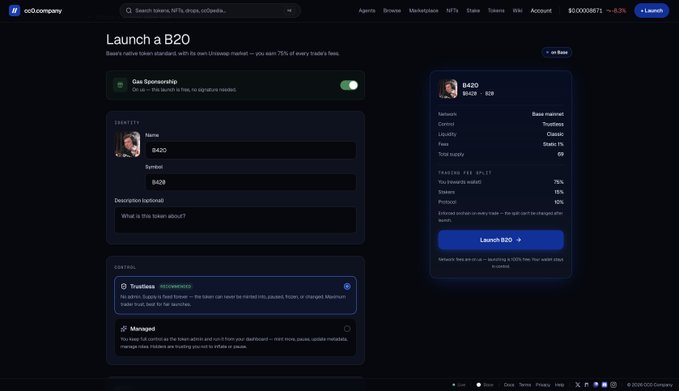 A screenshot of the 'ai16zcompany' (ai0.company) platform showing a 'Launch a B2O' page for creating tokenized AI tokens with 'Gas Sponsorship' enabled.