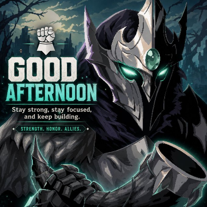 A pixel-art armored figure with glowing teal eyes and a raised fist appears alongside a "GOOD AFTERNOON" greeting featuring a fist icon, the motivational message "Stay strong, stay focused, and keep building," and the slogan "STRENGTH. HONOR. ALLIES." The image ties directly to the post's theme of IronAllies_ exclusivity, as the powerful warrior embodies the "Strength, Honor, Allies" ethos while representing one of the limited 101 hand-drawn Iron Lord NFTs being promoted.