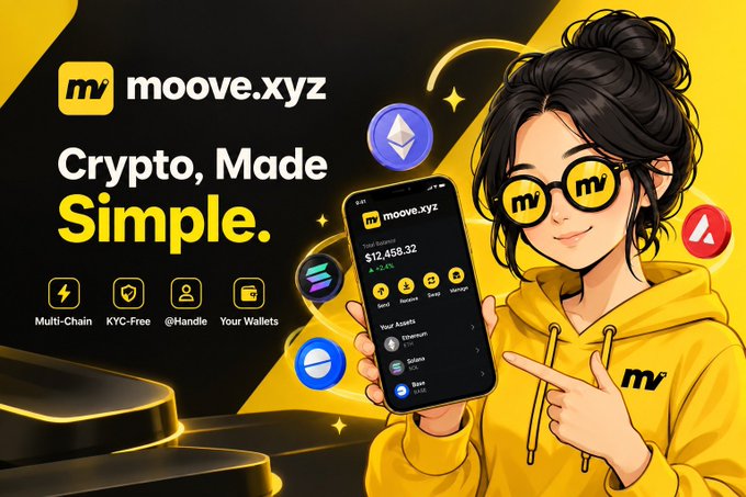 An advertisement for 'moove.xyz' with the tagline 'Crypto, Made Simple', featuring an illustrated woman in yellow sunglasses and hoodie displaying a mobile crypto app interface.