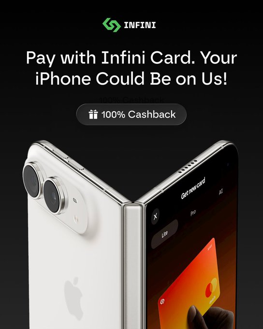 Promotional advertisement for Infini Card offering '100% Cashback' and an iPhone, displaying an image of a foldable iPhone with a virtual credit card on screen.