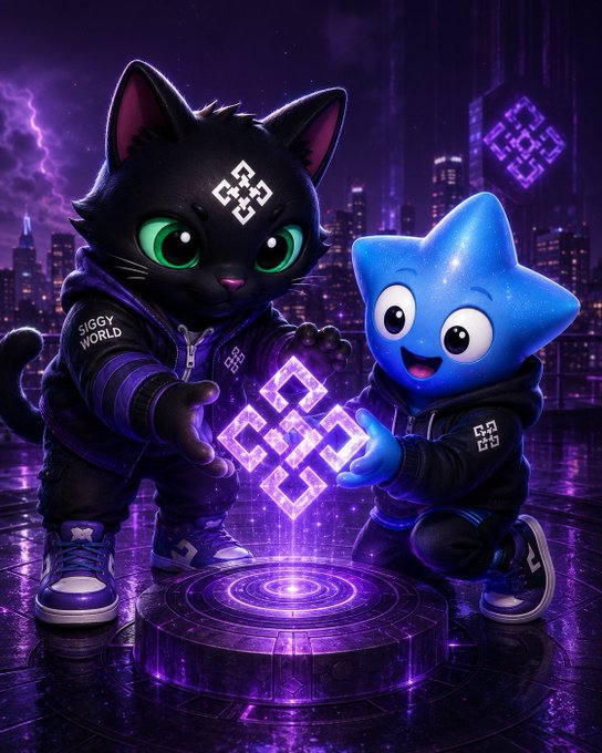 A digital artwork featuring a black cat character with a geometric forehead symbol and a blue star-shaped character wearing a hoodie labeled 'SIGGY WORLD', reaching toward a glowing purple symbol against a nighttime cityscape.