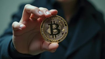 A close-up of a person's hand holding up a physical, coin-like token featuring the Bitcoin logo.
