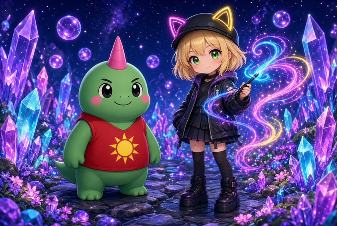 An anime-style illustration shows a blonde girl with cat-ear headphones and magical glowing wands standing next to a cute green creature with a pink horn, surrounded by glowing purple crystals.