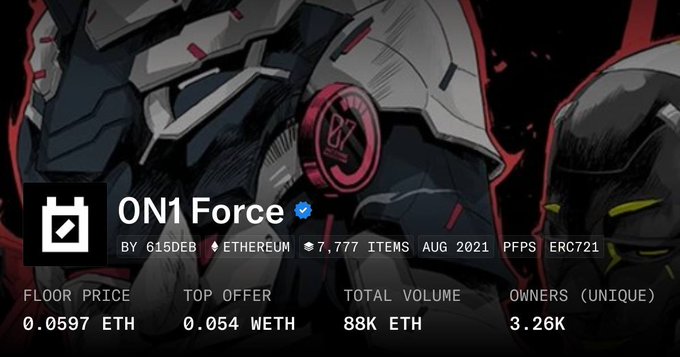 NFT collection profile for 'ON1 Force' showing stats like 'FLOOR PRICE 0.0597 ETH', 'TOTAL VOLUME 88K ETH', and 'OWNERS (UNIQUE) 3.26K' over a dark red and gray background.