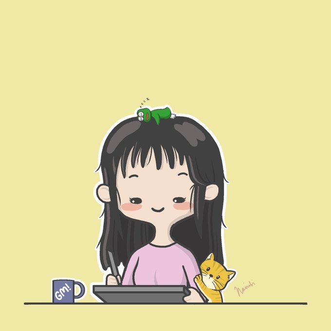 A cute cartoon illustration of a girl with long black hair sleeping while writing, with a small bird on her head and a cat beside her, on a yellow background.