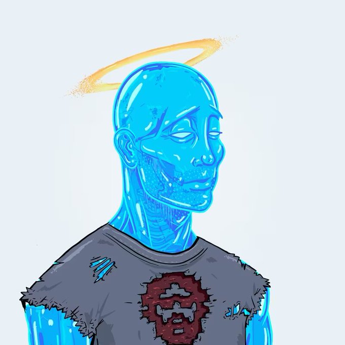 A cartoon illustration of a translucent blue humanoid figure with a golden halo, wearing a torn gray t-shirt with a red symbol on the chest.