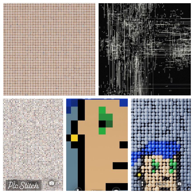A collage of five images created with Pic Stitch, featuring various patterns including a beige polka dot grid, a black and white abstract grid, a grayscale pixelated texture, a colorful blocky character, and blue beaded artwork.