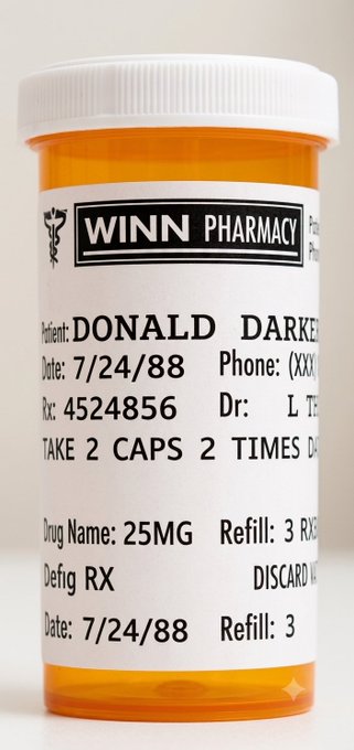 A prescription bottle from "Winn Pharmacy" labeled for patient "Donald Darke" dated 7/24/88, with instructions to "Take 2 caps 2 times daily" of a 25MG medication (Rx: 4524856), echoing the conspiracy theory imagery tying the 2001 film *Donnie Darko* to coded numerology connecting Donald Trump, XRP, and the 9/11 attacks.